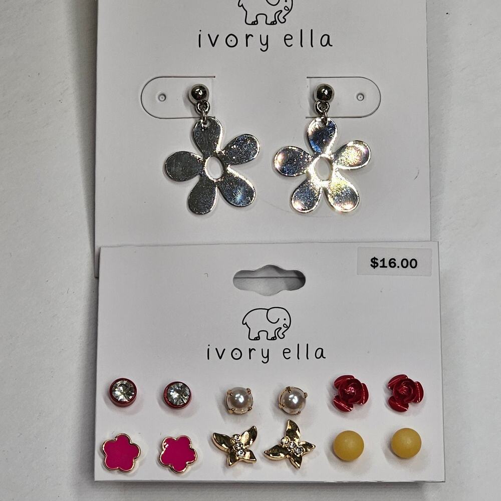 Ivory Ella Earring Bundle Lot 6 Pair Stud & Silvertone Daisy Drops NEW